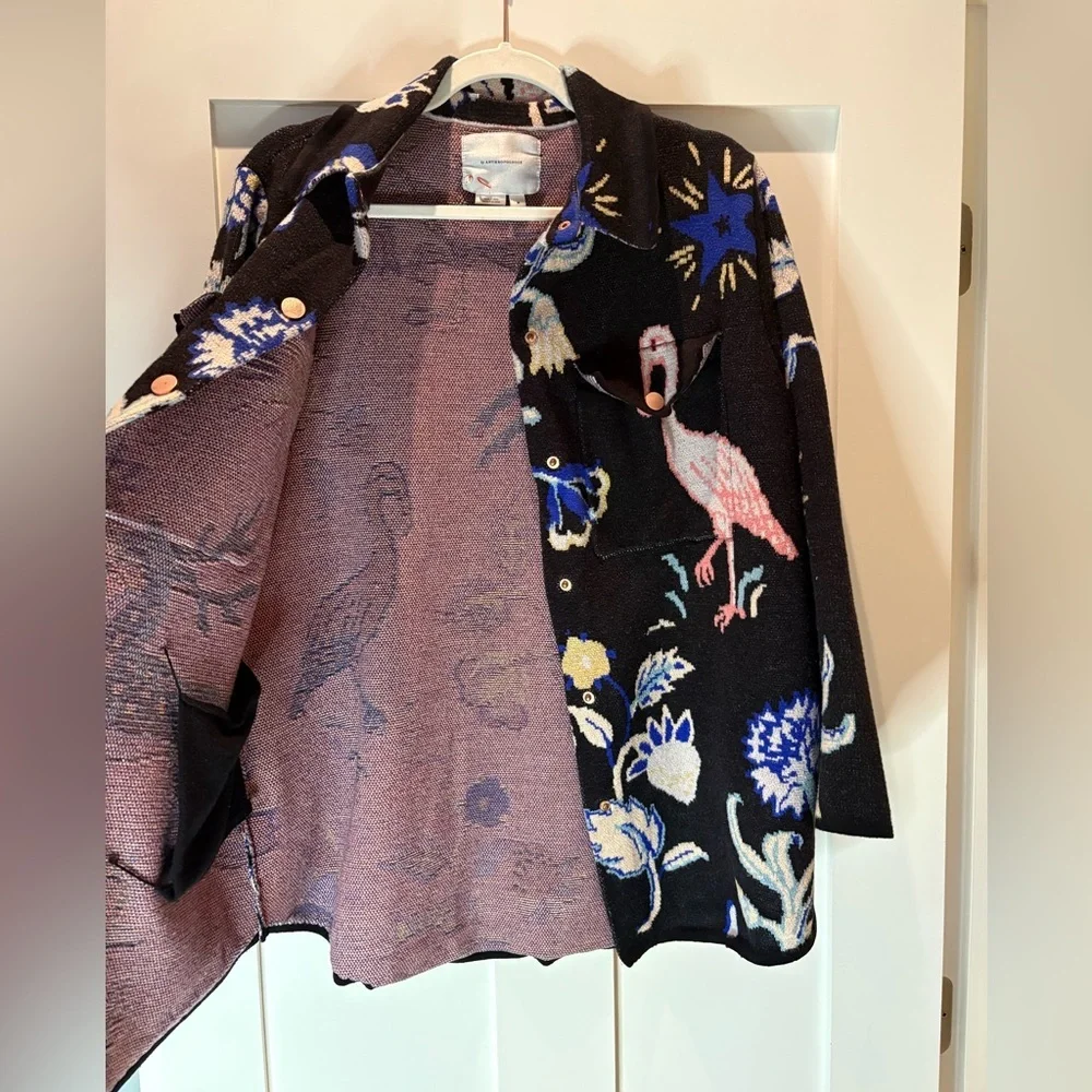 183 Anthropologie Icon Sweater Coat Jacket Deer Flamingo Animals Black size M - Picture 7 of 12